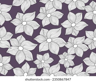 Floral decorative vector seamless pattern with hand drawn ornamental flowers with big petals
