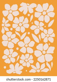 Floral decorative wallpaper in orange tone. Delicate, light-toned pattern with botanical elements. Nature-inspired poster for accent wall. Wall decor and mural for nursery. Flowers background.