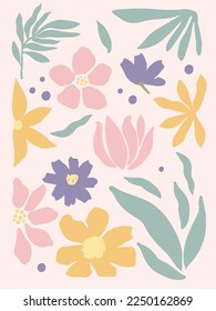 Floral decorative wallpaper in pastel color tones. Delicate, light-toned pattern with botanical elements. Nature-inspired poster for accent wall. Wall decor and mural for nursery. Flowers background.