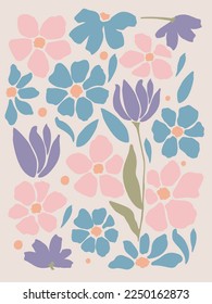 Floral decorative wallpaper in pastel color tones. Delicate, light-toned pattern with botanical elements. Nature-inspired poster for accent wall. Wall decor and mural for nursery. Flowers background.