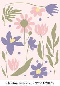 Floral decorative wallpaper in pastel color tones. Delicate, light-toned pattern with botanical elements. Nature-inspired poster for accent wall. Wall decor and mural for nursery. Flowers background.