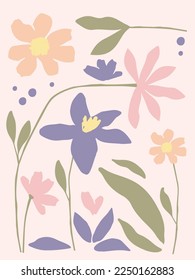 Floral decorative wallpaper in pastel color tones. Delicate, light-toned pattern with botanical elements. Nature-inspired poster for accent wall. Wall decor and mural for nursery. Flowers background.