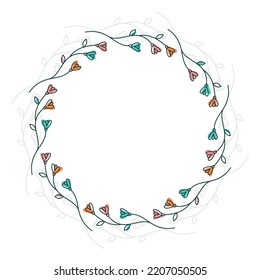 Floral decorative wreath isolated on white background, round frame in blue color, vector drawing for greeting card, invitation.