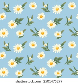 Floral delicate continuous seamless pattern with daisy. Light blue color repeatable background with chamomile. Flat vector design for fabric, textile, prints, wallpaper, covers