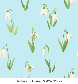 Floral delicate continuous seamless pattern with white snowdrop Light blue color repeatable background with first early spring flowers Flat vector design for fabric, textile, prints, wallpaper, covers