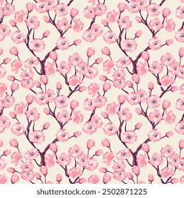 Floral delicate continuous seamless texture with spring cherry blossom branch Pink color blooming sakura illustration repeatable background for textile wallpaper, wrapping paper, print, calico pattern