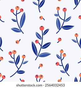 Floral delicate pattern with blue leves and red berries. Vector