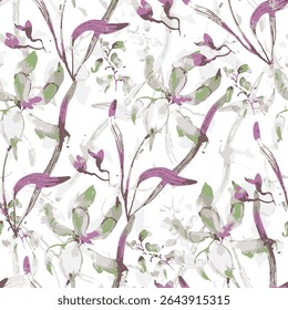 Floral delicate seamless pattern with abstract flowers, leaves and berries in vintage style. Hand drawn watercolor illustration for wallpapers or textile, isolated print for your nostalgic design