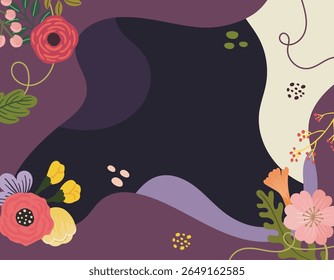 Delícia Floral: Um design elegante e vibrante com uma moldura de arranjos florais coloridos com um fundo escuro texturizado, criando um modelo atraente e atraente.	