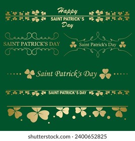 floral delimiters. Golden decorative borders with clover leaves. Vector trefoils for Saint Patrick Day