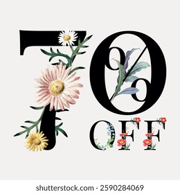 Floral design with '70% off' text. Elegant floral elements, discount, sale. Flowers adorn numbers, emphasizing discount, sale, floral theme. Elegant, decorative. Vintage font illustration vector.