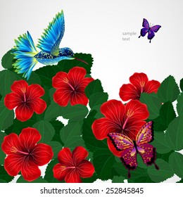 Floral design background. Hibiscus flowers with bird, butterflies.