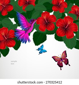 Floral design background. Hibiscus flowers with bird, butterflies.