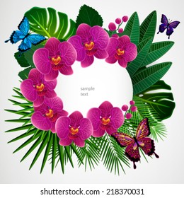Fundo de design floral. Orquídeas com borboletas.
