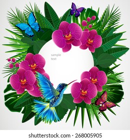 Floral design background. Orchid flowers with bird, butterflies.