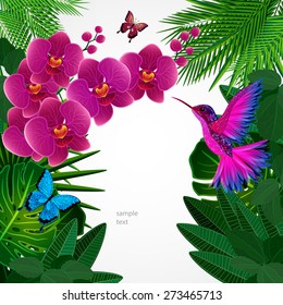 Floral design background. Orchid flowers with bird, butterflies.