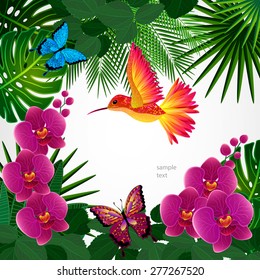 Floral design background. Orchid flowers with bird, butterflies.