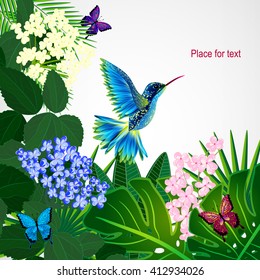 Floral design background. Tropical flowers, birds and butterflies. 