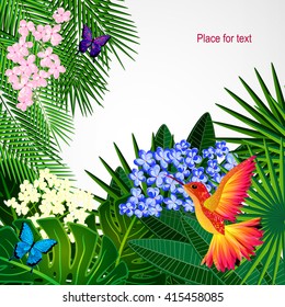 Floral design background. Tropical flowers, birds and butterflies. 