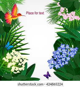 Floral design background. Tropical flowers, birds and butterflies. 