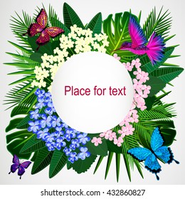 Floral design background. Tropical flowers, birds and butterflies. 