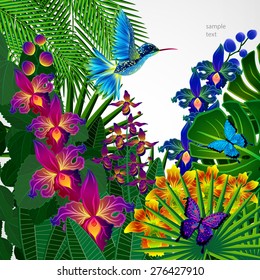 Floral design background. Tropical orchid flowers, birds and butterflies. 