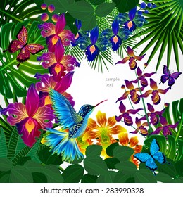 Floral design background. Tropical orchid flowers, birds and butterflies. 