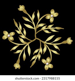 Floral design with beautiful blooming branches. Golden glossy silhouette with pearl beads on black background.