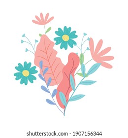 floral design with beautiful flowers and leaves over white background, colorful design, vector illustration