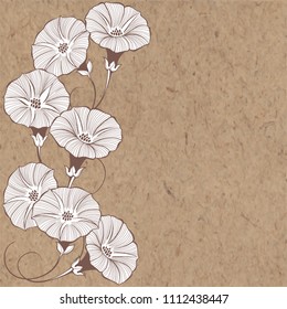 Floral design with bindweed on kraft paper. Vector illustration with place for text.  Greeting card, invitation or isolated elements for design.Vertical composition.