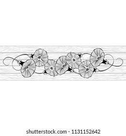 Floral design with bindweed on the texture of wood. Vector illustration with place for text.  Greeting card, invitation or isolated elements for design.