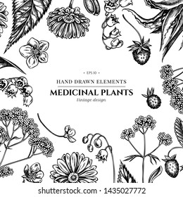 Floral design with black and white aloe, calendula, lily of the valley, nettle, strawberry, valerian
