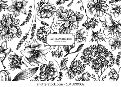 Floral design with black and white anemone, lavender, rosemary everlasting, phalaenopsis, lily, iris