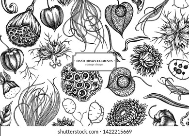 Floral design with black and white black caraway, feather grass, helichrysum, lotus, lunaria, physalis