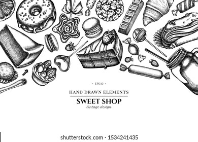 Floral design with black and white cinnamon, macaron, lollipop, bar, candies, oranges, buns and bread, croissants and bread, strawberry, milk boxes, smoothie cup, lollipop, smothie jars, cheesecake