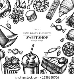 Floral design with black and white cinnamon, macaron, lollipop, bar, candies, oranges, buns and bread, croissants and bread, strawberry, milk boxes, smoothie cup, lollipop, smothie jars, cheesecake