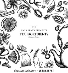 Floral design with black and white cinnamon, lemons, oranges, tea bag, sugar cubes, heather, chamomile, dog rose, peppermint, almond, strawberry, teaspoon, teapots, cups, sugar bowl