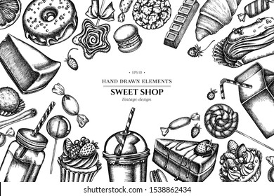 Floral design with black and white cinnamon, macaron, lollipop, bar, candies, oranges, buns and bread, croissants and bread, strawberry, milk boxes, smoothie cup, lollipop, smothie jars, cheesecake