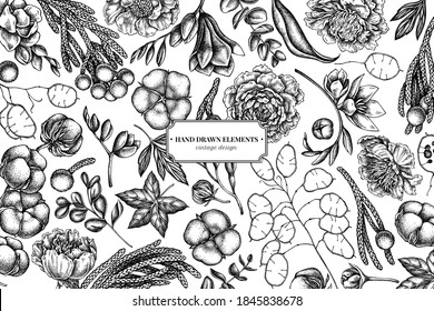 Floral design with black and white ficus, eucalyptus, peony, cotton, freesia, brunia