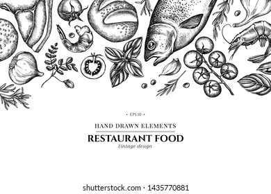 Floral design with black and white garlic, cherry tomatoes, peas, fish, shrimp, cabbage, beef, buns and bread, croissants and bread, basil, rosemary