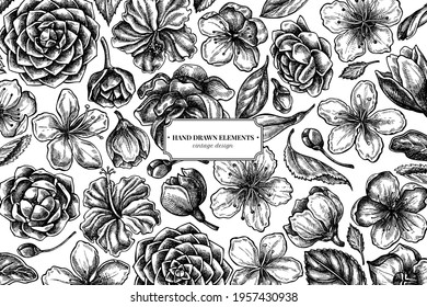 Floral design with black and white hibiscus, plum flowers, peach flowers, sakura flowers, magnolia flowers, camellia japonica