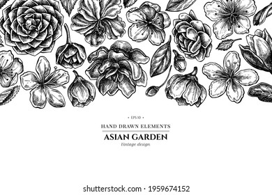 Floral design with black and white hibiscus, plum flowers, peach flowers, sakura flowers, magnolia flowers, camellia japonica