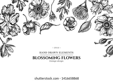 Floral design with black and white japanese chrysanthemum, blackberry lily, eucalyptus flower, anemone, iris japonica, sakura