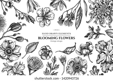 Floral design with black and white japanese chrysanthemum, blackberry lily, eucalyptus flower, anemone, iris japonica, sakura