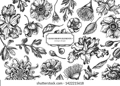 Floral design with black and white japanese chrysanthemum, blackberry lily, eucalyptus flower, anemone, iris japonica, sakura