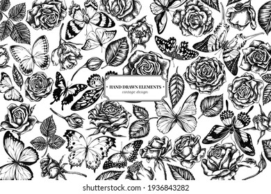 Floral design with black and white menelaus blue morpho, giant swordtail, blue morpho, lemon butterfly, red lacewing, african giant swallowtail, alcides agathyrsus, wallace s golden birdwing, purple