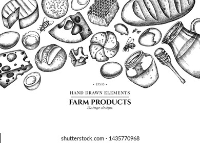 Floral design with black and white milk, cheese, chicken, eggs, buns and bread, honey