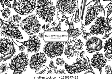 Floral design with black and white peony, carnation, ranunculus, wax flower, ornithogalum, hyacinth