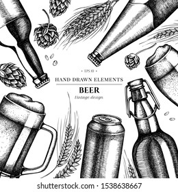 Floral design with black and white rye, hop, mug of beer, bottles of beer, aluminum can