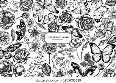 Floral design with black and white shepherd s purse, heather, iris japonica, sakura, gypsophila, chamomile, almond, poppy flower, calendula, menelaus blue morpho, blue morpho, lemon butterfly, red